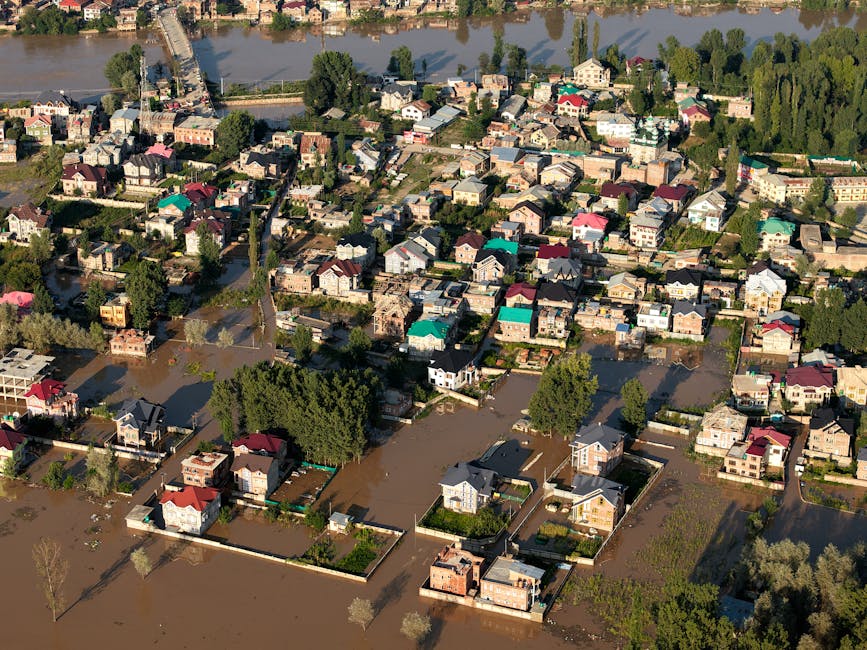 A residential area with a flooded street, where the water has risen close to the sidewalk and partially submerges the base of several leafless trees and low fences. The scene is taken during daylight,
